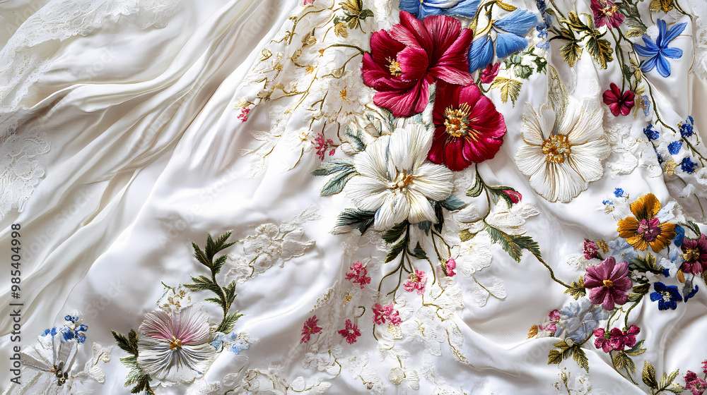 A white fabric with flowers embroidered on it. Victorian Gowns. Illustration A white fabric with flowers embroidered on it. Victorian Gowns. Illustration
