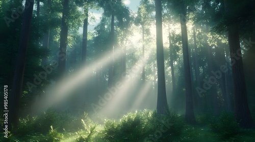 Sunlight Filtering Through a Misty Pine Forest in the Morning.