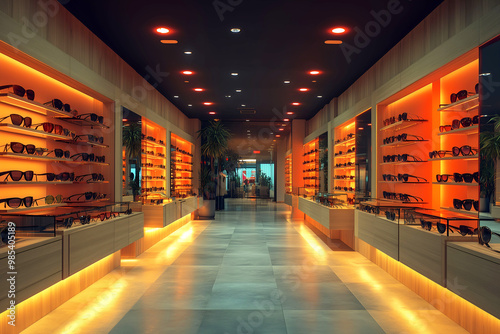 Modern Sunglasses Store Interior with Warm Lighting. Eyewear Displays and Optical Store interiors.