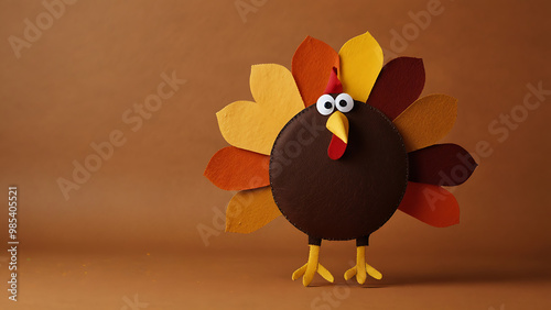 orange brown and yellow crafted felt turkey laying flat on an orange background  photo