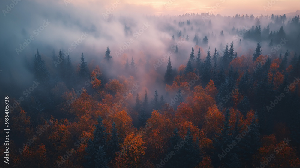 a bird's view of the Canadian forest in autumn covered by fog using an ultraviolet filter a bird's view of the Canadian forest in autumn covered by fog using an ultraviolet filter