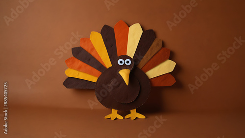 orange brown and yellow crafted felt turkey laying flat on an orange background  photo