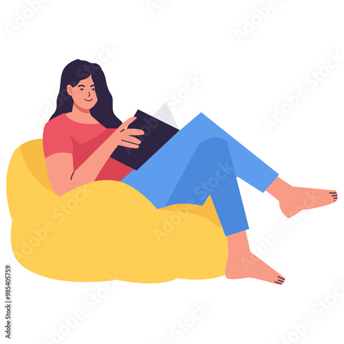 People Character Reading Book in Cafe. Flat Vector Illustration