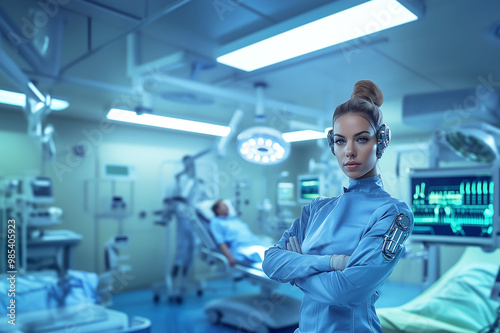 Cyborg medical AI Standing in front of future medical equipment