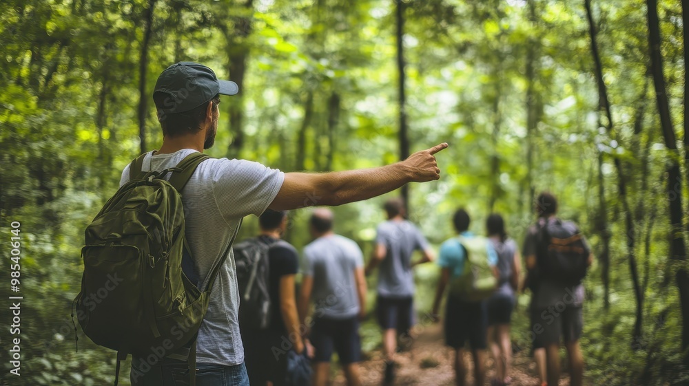 A group of hikers follows a guide through a lush green forest path, immersed in nature and adventure. A group of hikers follows a guide through a lush green forest path, immersed in nature and adventure.