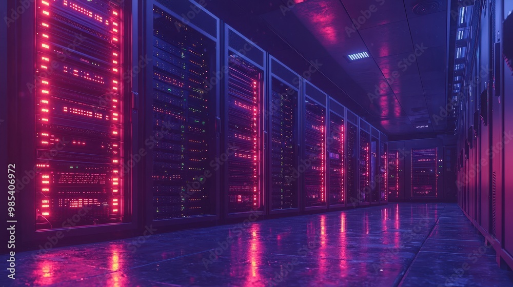 Fototapeta premium Server Room with Pink Neon Lights and Reflective Floor