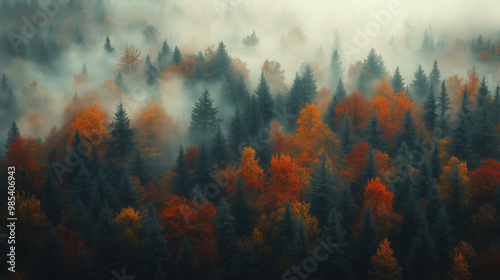 a bird's view of the Canadian forest in autumn covered by fog using an ultraviolet filter