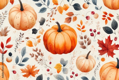 A painting of pumpkins and leaves with a fall theme photo