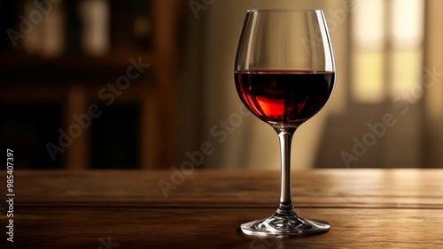  A glass of red wine elegantly poised on a wooden table