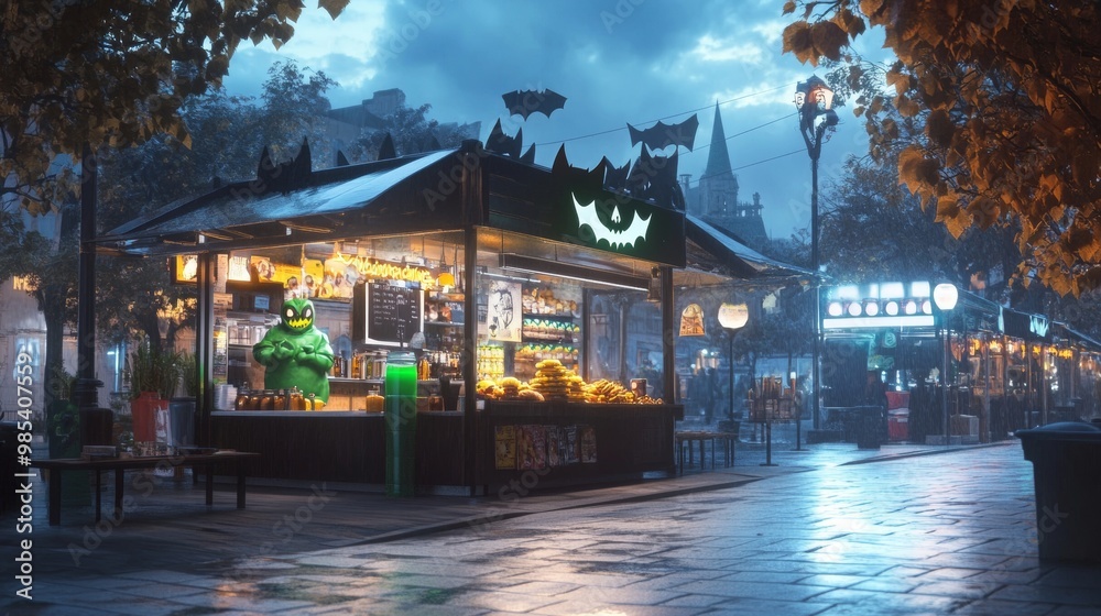 Obraz premium A Halloween food stand selling eerie green monster burgers black bat-shaped fries