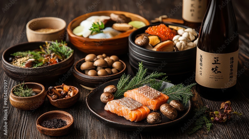 An artistic display of Japanese cuisine featuring fresh salmon, mushrooms, and traditional sake. Perfect for food lovers. An artistic display of Japanese cuisine featuring fresh salmon, mushrooms, and traditional sake. Perfect for food lovers.