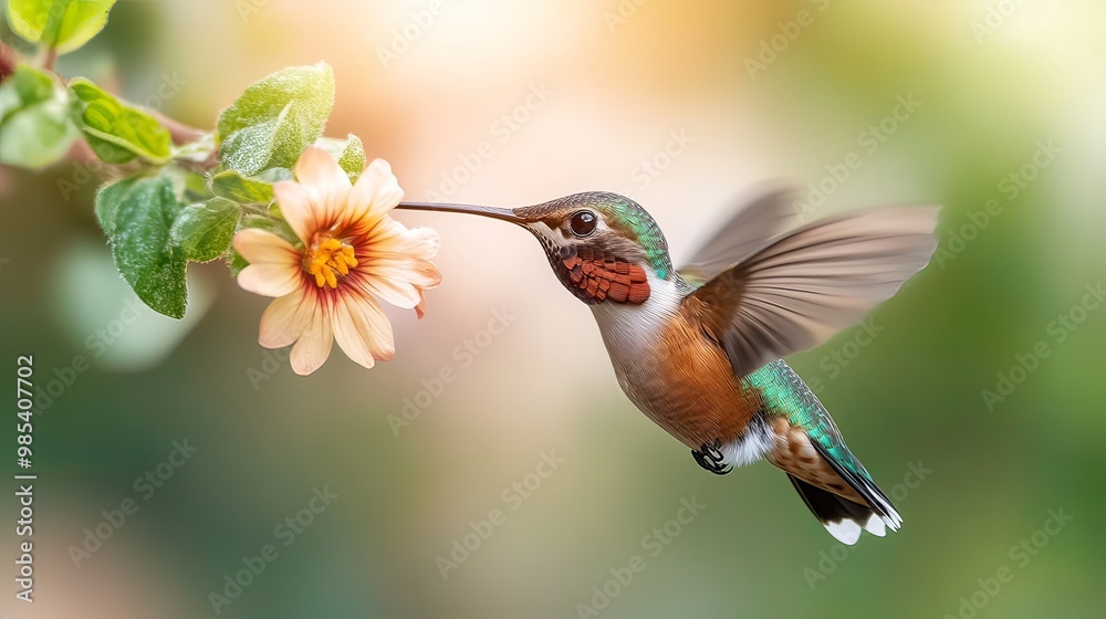 Fototapeta premium Hummingbird Feeding on a Vibrant Flower in a Lush Garden Setting