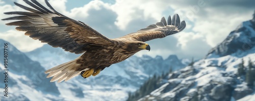 Eagle soaring over majestic mountains photo