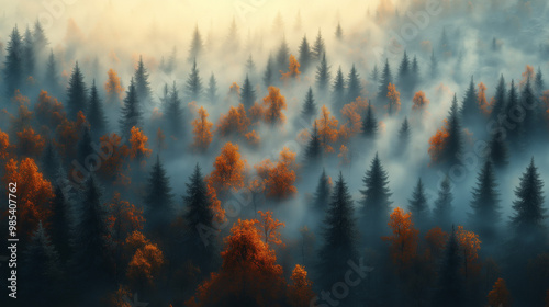 a bird's view of the Canadian forest in autumn covered by fog using an ultraviolet filter