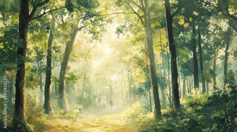 Obraz premium Sunlit Forest Path A Serene Journey through Verdant Wilderness