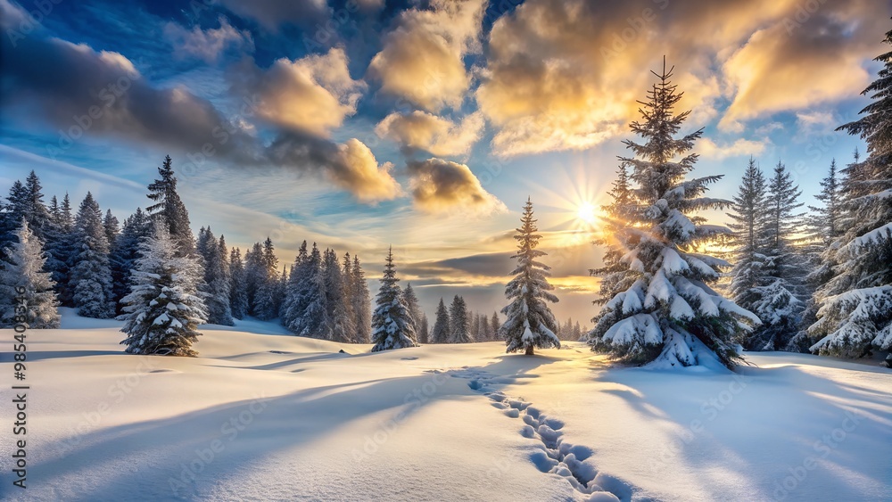 Snowy Forest Path at Sunset with Golden Clouds and Sun Rays Snowy Forest Path at Sunset with Golden Clouds and Sun Rays