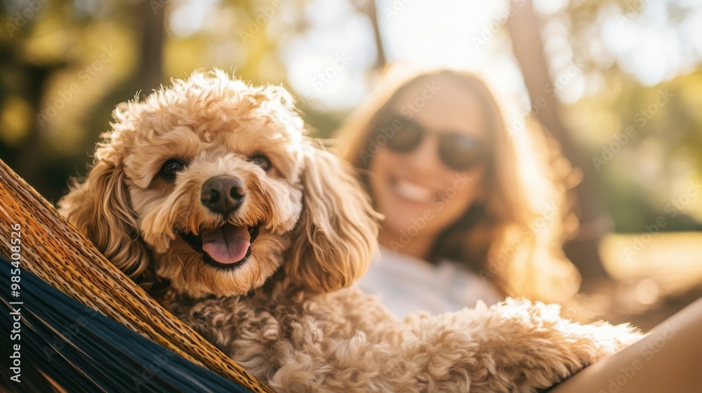 Cute poodle lying in hammock with happy woman at park. Cute poodle lying in hammock with happy woman at park.