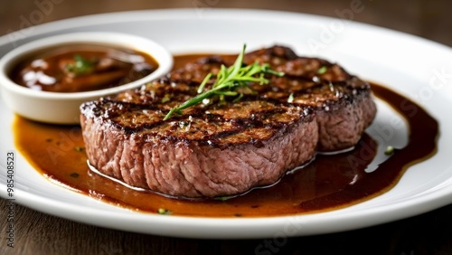  Deliciously grilled steak with savory sauce ready to be savored