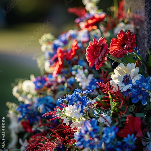 Close Up of a Wreath of Red, White, and Blue Flowers Placed on a Veteran Grave for Memorial Day photo