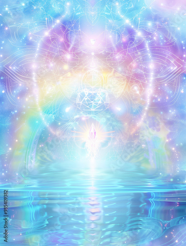 A blurred light blue sea of awareness shaped by swirling waves, with a white glowing hologram crystal temple made of light at the center. Surrounding it, a rainbow of colors and stars 