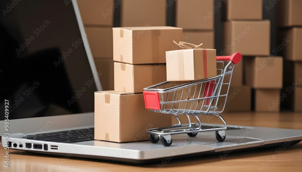 A shopping cart on a laptop with cardboard boxes in the background, suggests online shopping and e-commerce. A shopping cart on a laptop with cardboard boxes in the background, suggests online shopping and e-commerce.