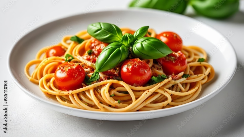 Delicious pasta dish with cherry tomatoes and basil leaves Delicious pasta dish with cherry tomatoes and basil leaves