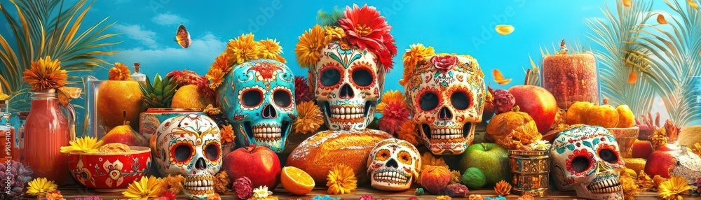 Day of the Dead altar with sugar skulls, flowers, and fruit. Day of the Dead altar with sugar skulls, flowers, and fruit.