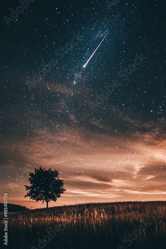 A photorealistic image of a starry night sky, with a shooting star streaking across the horizon photo