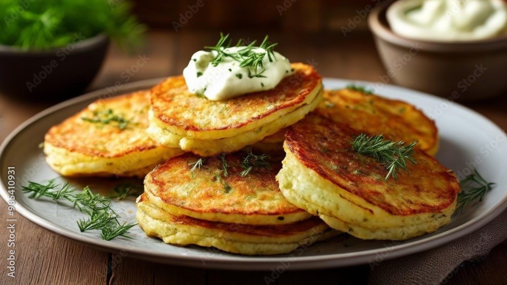 Deliciously stacked pancakes with a dollop of cream and a sprinkle of fresh herbs Deliciously stacked pancakes with a dollop of cream and a sprinkle of fresh herbs