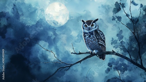 Owl Perched on Moonlit Branch in Shadowy Nighttime Forest Landscape photo