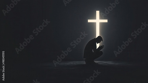 A person kneeling in a darkened room, hands folded in prayer, light shining from a cross in the distance, symbolizing sacrifice