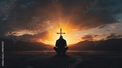 A person kneeling with hands raised in prayer, light shining from a distant cross, symbolizing sacrifice and grace