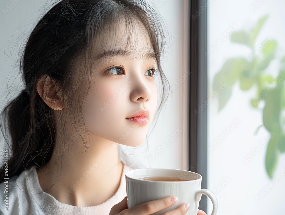 Pensive young Asian woman enjoying a warm beverage by the window in a cozy minimalist setting Pensive young Asian woman enjoying a warm beverage by the window in a cozy minimalist setting