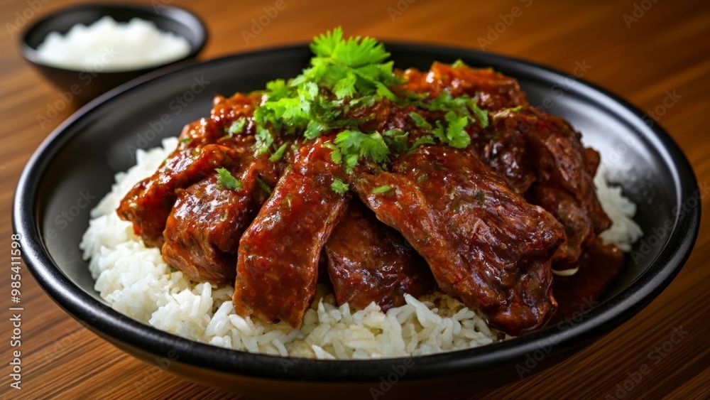 Delicious meal of beef ribs and rice ready to be savored Delicious meal of beef ribs and rice ready to be savored