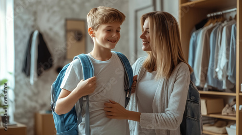 Caring happy young mother helping teen son schoolboy getting dressed ready for school at home. Teenage boy wearing backpack standing with mom in the morning together. 