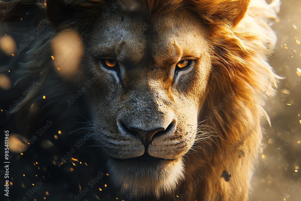 Naklejka premium Majestic lion with flowing mane, close-up portrait