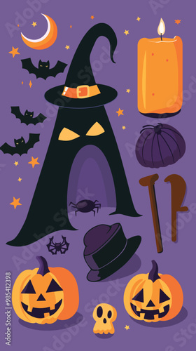 Flat lay Vector Illustration Arrangement of halloween party elements, Happy Halloween