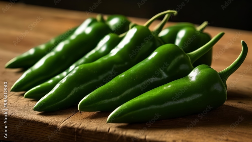 Fresh green peppers on a wooden surface Fresh green peppers on a wooden surface