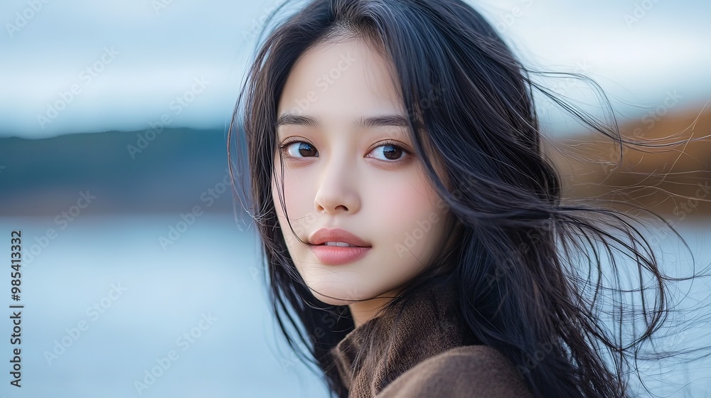 Serene Riverside Portrait of an Elegant Asian Woman with Flowing Hair Serene Riverside Portrait of an Elegant Asian Woman with Flowing Hair