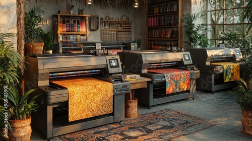 Digital Textile Printing Machine with Fabric Samples in a Modern Interior