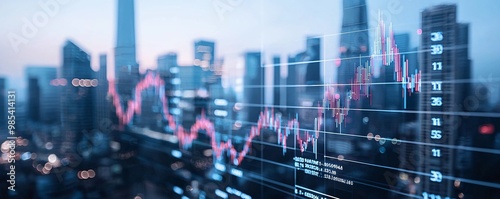 Digital display showing falling interest rates with a cityscape in the background, economic outlook
