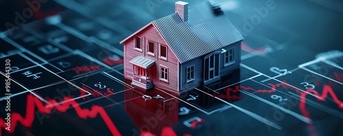 Falling interest rates visualized with a house and a declining mortgage rate symbol