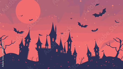 Flat lay Vector Illustration halloween background with castle, Happy Hallowee

