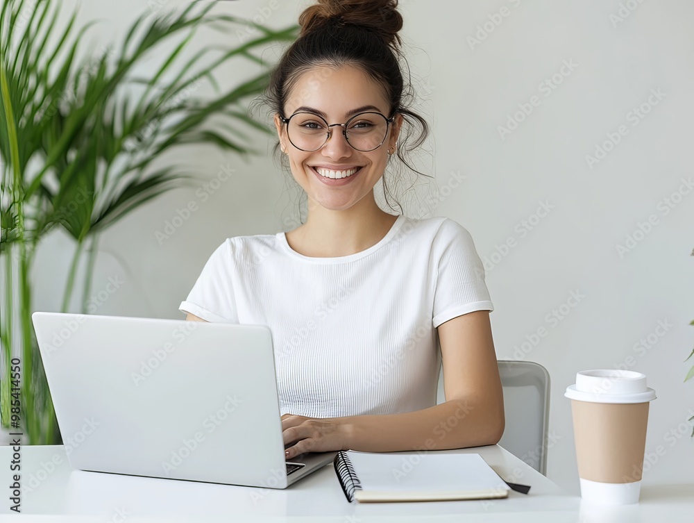 Smiling Freelancer Woman Working on Laptop with Coffee Cup in Office Workspace Smiling Freelancer Woman Working on Laptop with Coffee Cup in Office Workspace