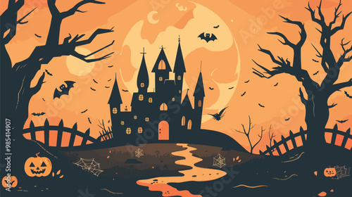 Flat lay Vector Illustration halloween background with castle, Happy Hallowee
