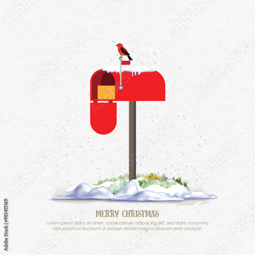 Red mailbox Christmas card illustration with winter bird. Minimalist greeting card. Christmas card, poster, banner in vector. Vintage mailbox illustration.