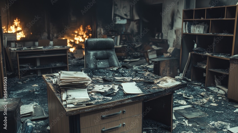 Burnt-out office with charred documents and furniture, Failure, corporate liquidation Burnt-out office with charred documents and furniture, Failure, corporate liquidation