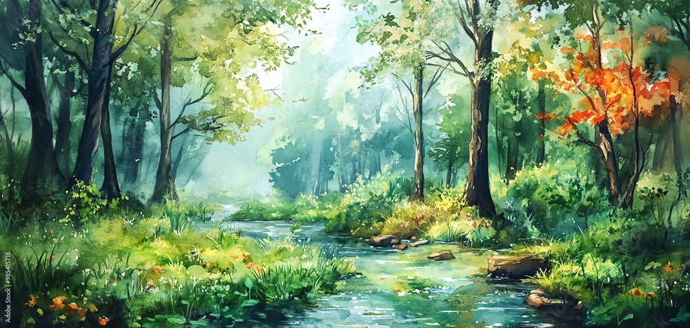 A vibrant, watercolor painting of a lush green forest with towering trees and a crystal clear stream, rendered in 4K resolution A vibrant, watercolor painting of a lush green forest with towering trees and a crystal clear stream, rendered in 4K resolution