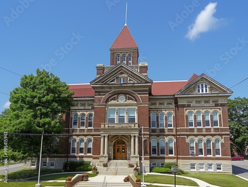 Crown Point Indiana USA Lake County Courthouse exterior architecture. Red roof historic landmark government building stone structure city state. Exterior facade culture outdoors sky yard tree town photo