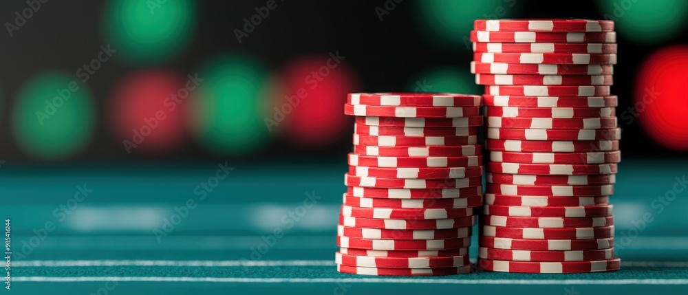 Fototapeta premium Stacked Red Poker Chips on a Casino Table